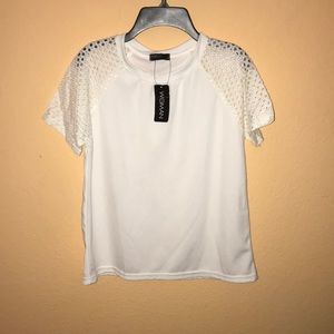 Juniors White Tee w/ Laced Shoulders